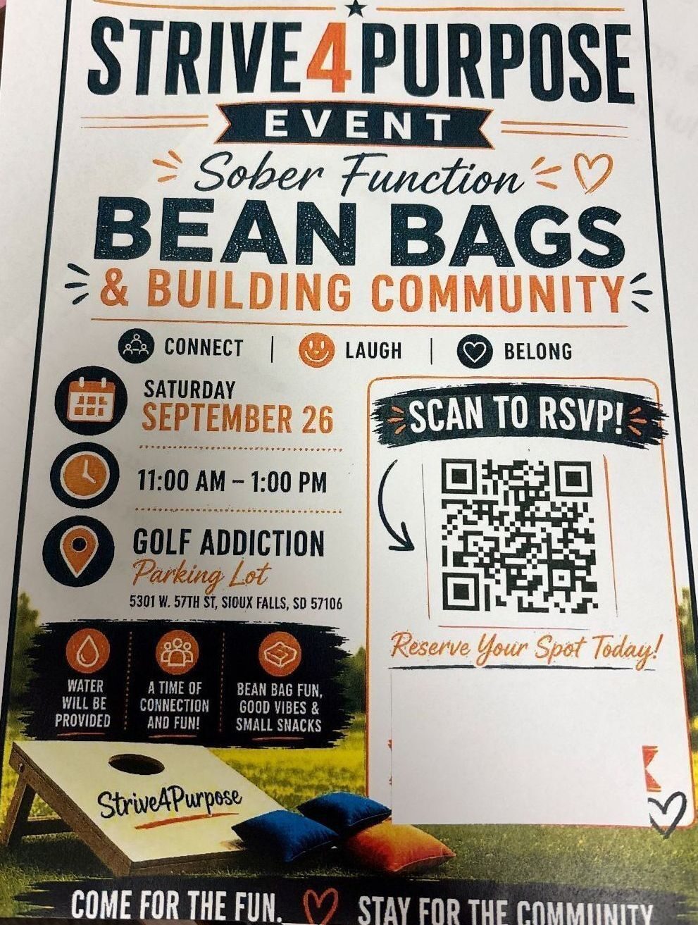 Event flyer: Sober Function — bean bags and building community. Saturday September 26, 11 AM to 1 PM, Golf Addiction parking lot, Sioux Falls, with an RSVP QR code